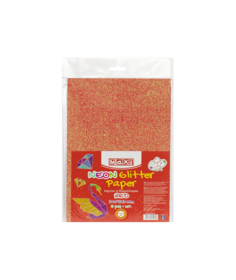 Carton cu sclipici florescent 290gr/m2 A4, 5 buc, Rosu intens